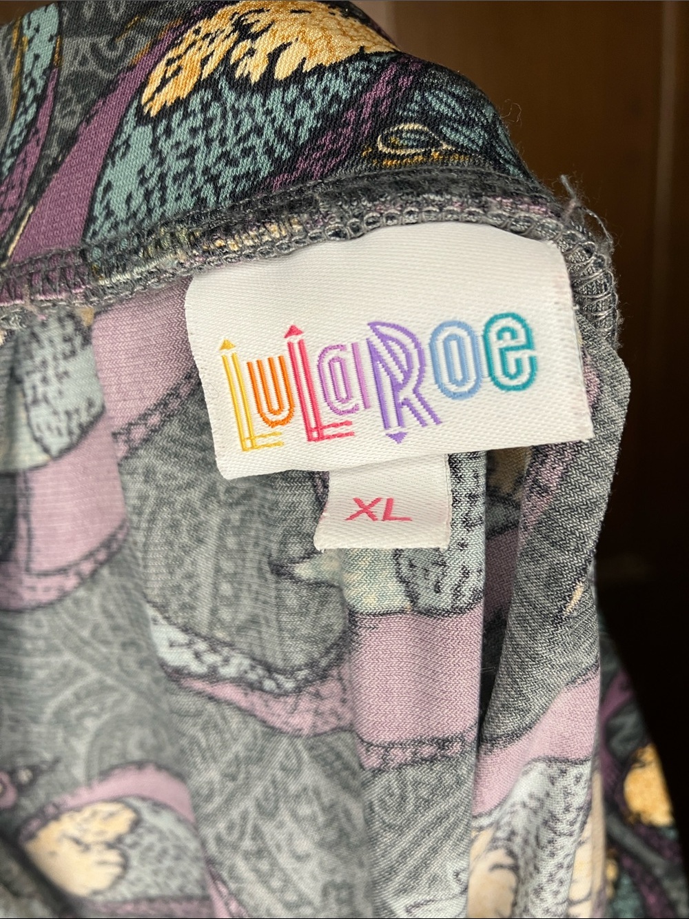 LuLaRoe Gray Peacock Paisley Skater Skirt with Purple and Yellow Accents- XL - Picture 2 of 4